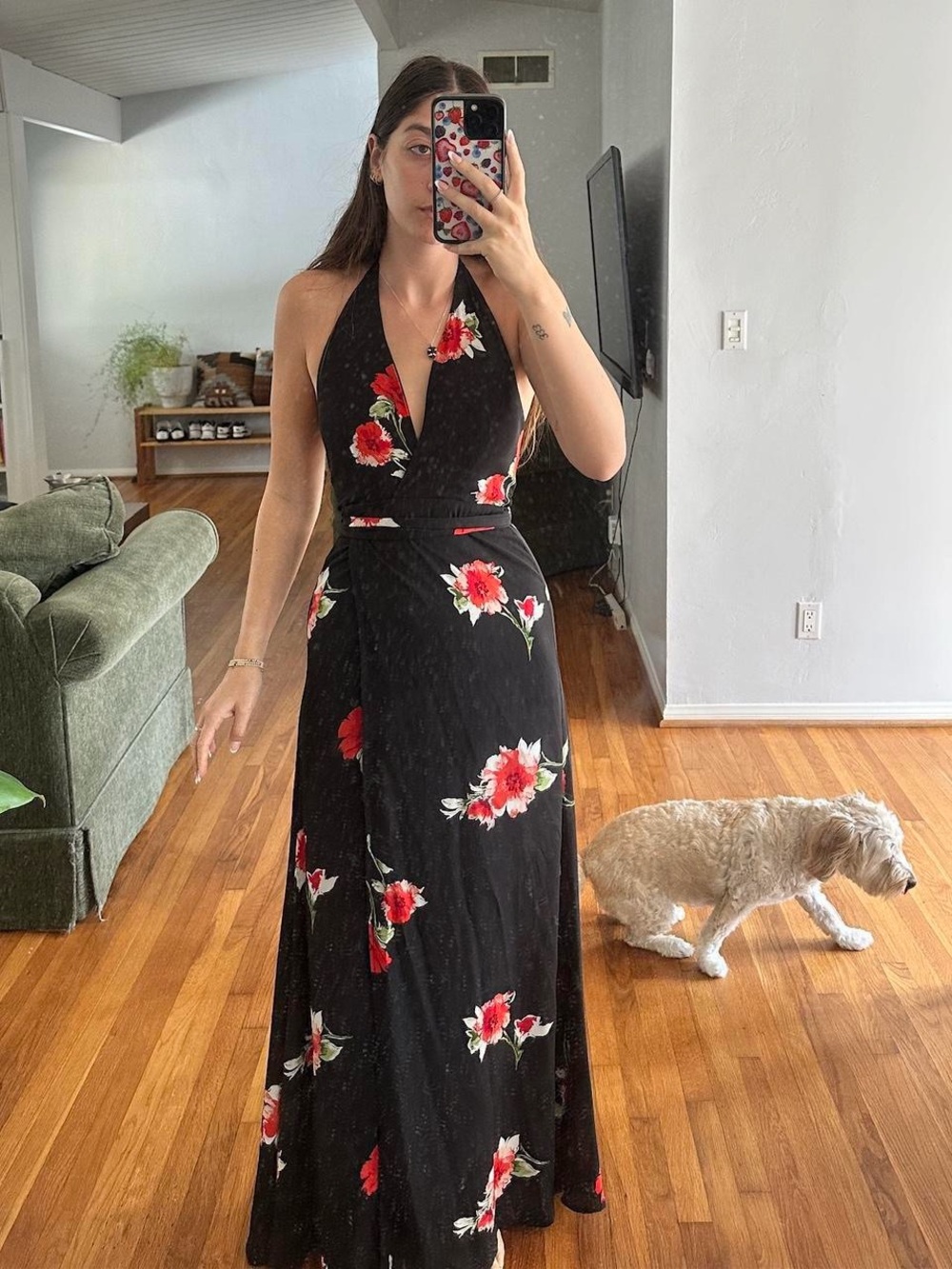 Halter Floral Maxi Dress in Black with Red Blooms
